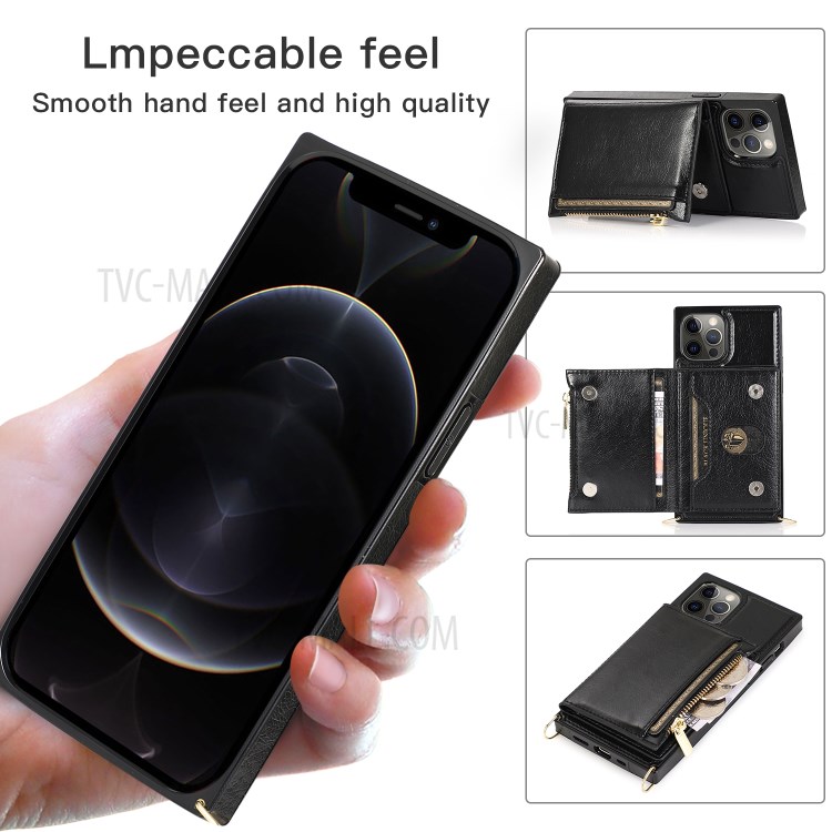 Zippered Wallet Phone Protective Case with Kickstand and Shoulder Strap for iPhone 12 Pro Max - Black-12