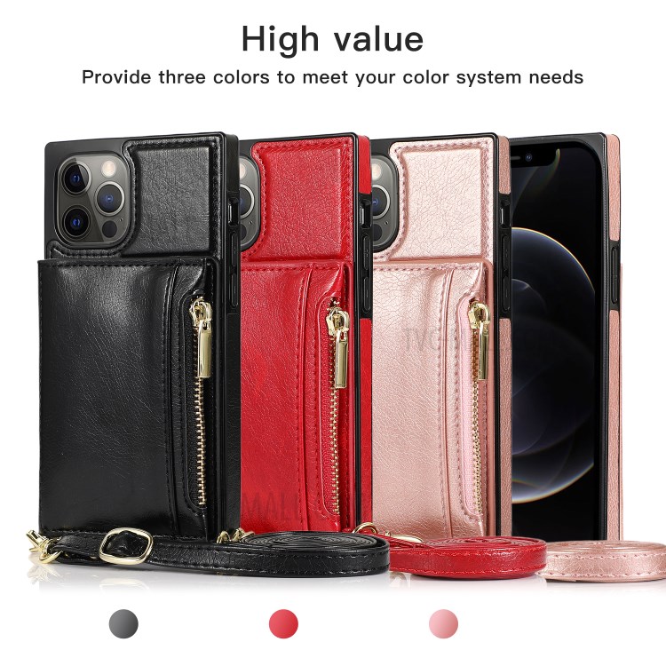 Zippered Wallet Phone Protective Case with Kickstand and Shoulder Strap for iPhone 12 Pro Max - Black-14
