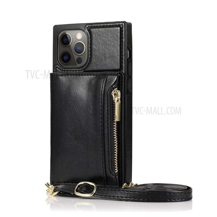 Zippered Wallet Phone Protective Case with Kickstand and Shoulder Strap for iPhone 12 Pro Max - Black-2