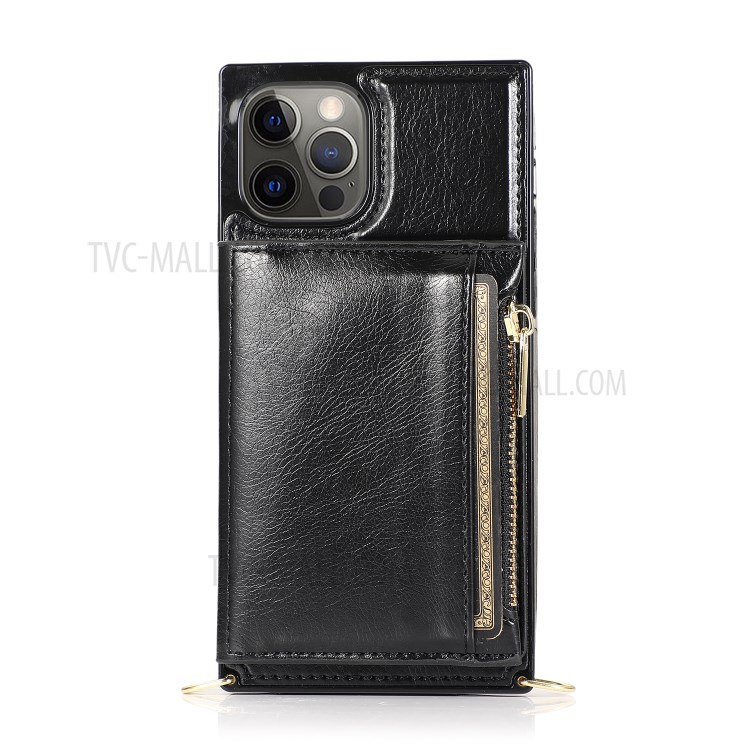 Zippered Wallet Phone Protective Case with Kickstand and Shoulder Strap for iPhone 12 Pro Max - Black-3