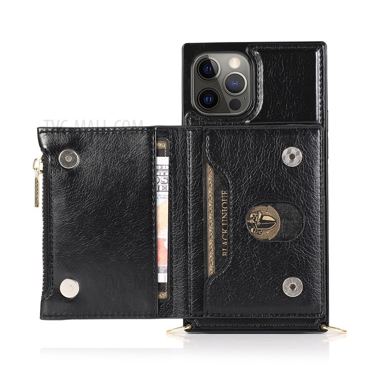 Zippered Wallet Phone Protective Case with Kickstand and Shoulder Strap for iPhone 12 Pro Max - Black-5