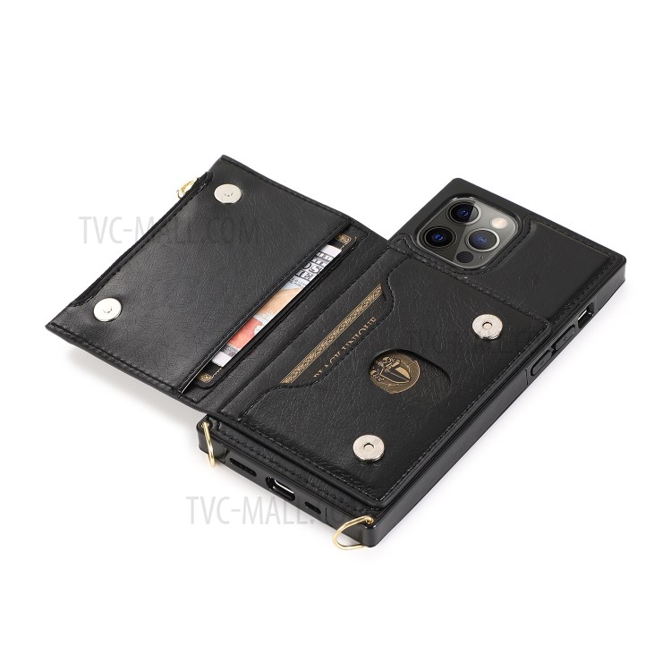 Zippered Wallet Phone Protective Case with Kickstand and Shoulder Strap for iPhone 12 Pro Max - Black-6