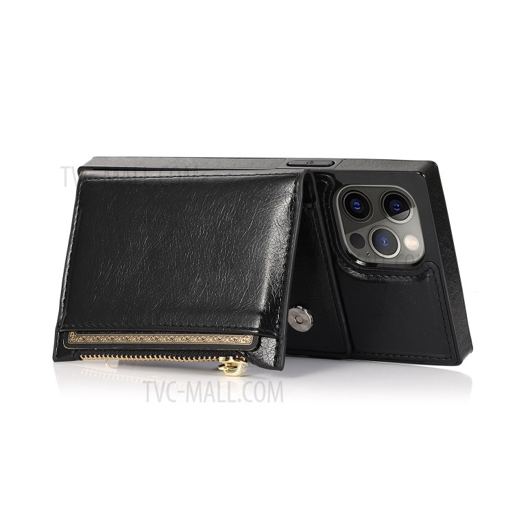 Zippered Wallet Phone Protective Case with Kickstand and Shoulder Strap for iPhone 12 Pro Max - Black-7