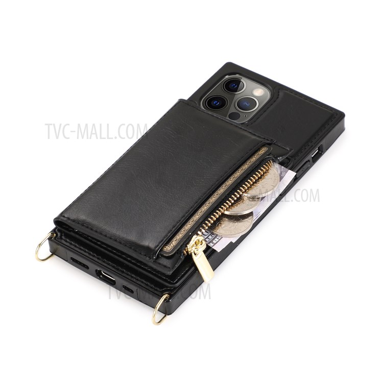 Zippered Wallet Phone Protective Case with Kickstand and Shoulder Strap for iPhone 12 Pro Max - Black-9