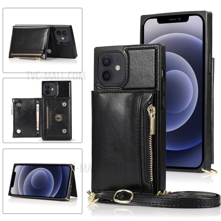 Phone Zippered Wallet Protective Case with Kickstand and Shoulder Strap for iPhone 12/12 Pro - Black-1