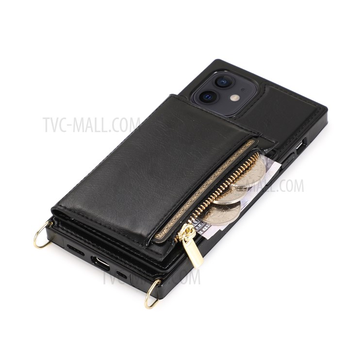Phone Zippered Wallet Protective Case with Kickstand and Shoulder Strap for iPhone 12/12 Pro - Black-11