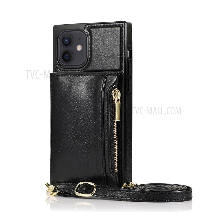 Phone Zippered Wallet Protective Case with Kickstand and Shoulder Strap for iPhone 12/12 Pro - Black-13
