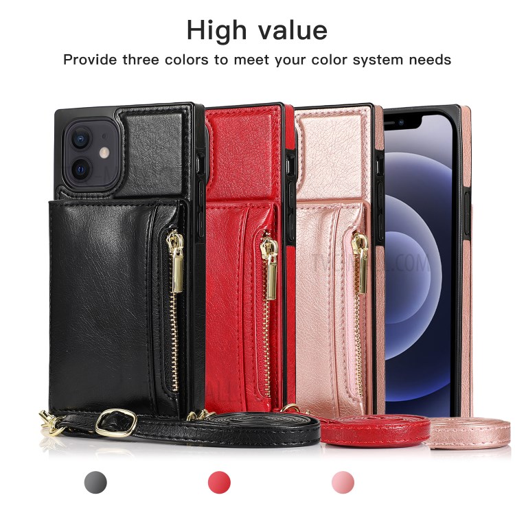 Phone Zippered Wallet Protective Case with Kickstand and Shoulder Strap for iPhone 12/12 Pro - Black-14