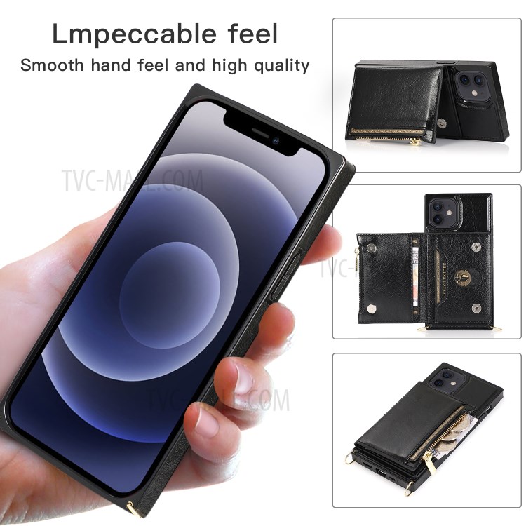 Phone Zippered Wallet Protective Case with Kickstand and Shoulder Strap for iPhone 12/12 Pro - Black-3