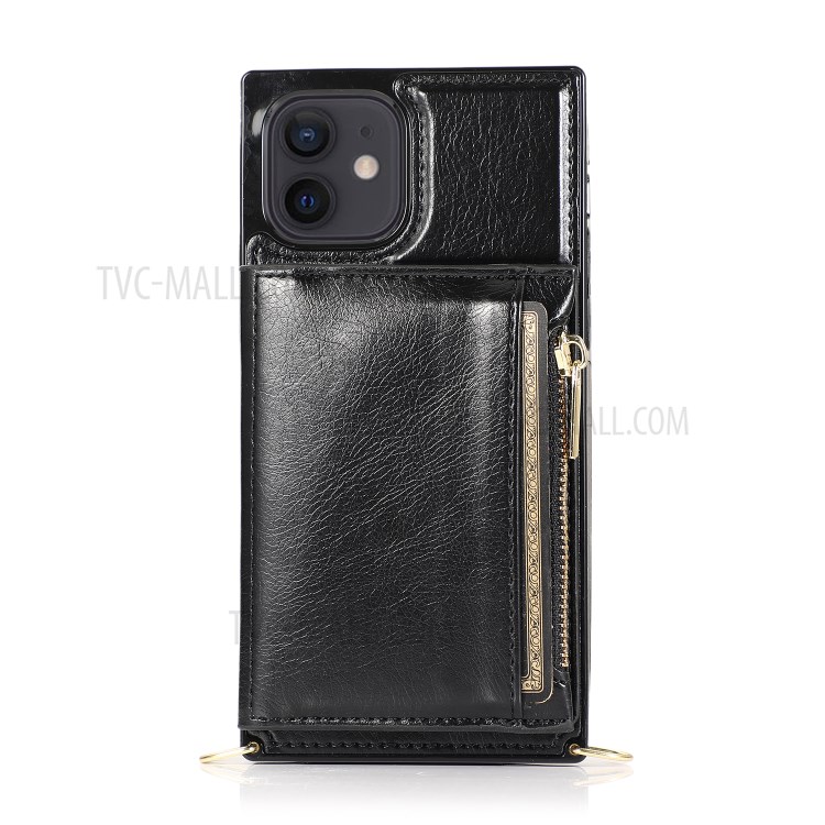 Phone Zippered Wallet Protective Case with Kickstand and Shoulder Strap for iPhone 12/12 Pro - Black-5