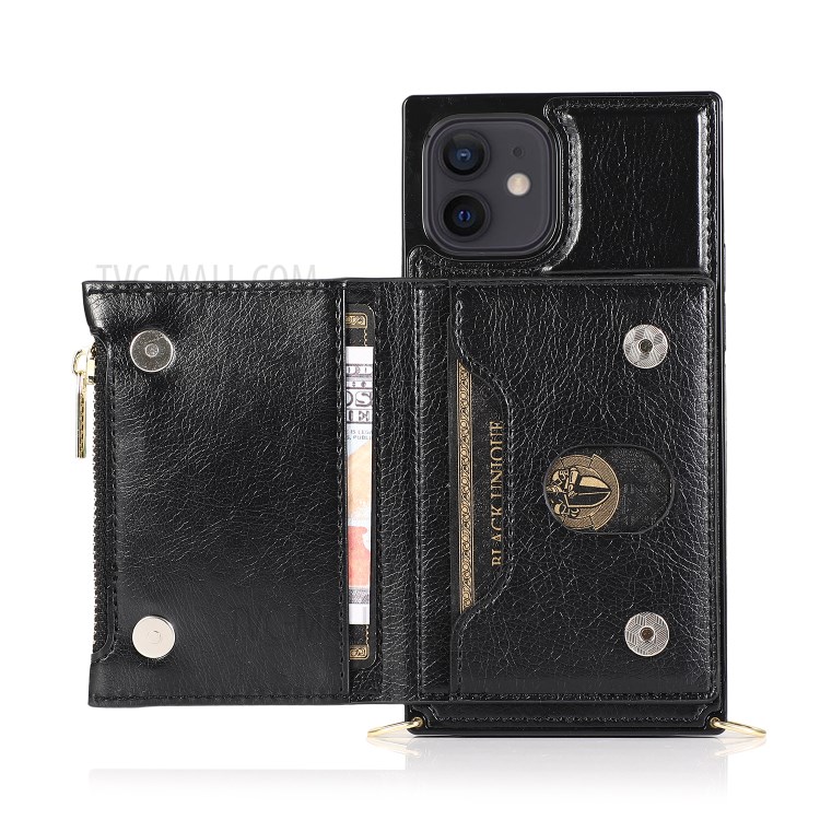 Phone Zippered Wallet Protective Case with Kickstand and Shoulder Strap for iPhone 12/12 Pro - Black-7