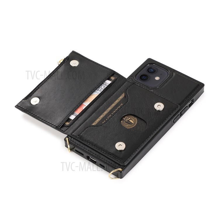 Phone Zippered Wallet Protective Case with Kickstand and Shoulder Strap for iPhone 12/12 Pro - Black-8