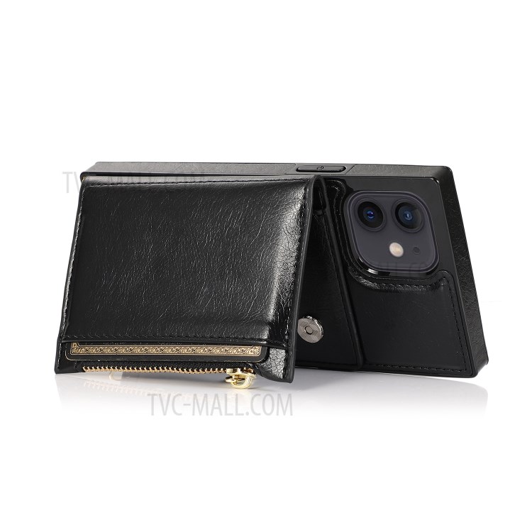 Phone Zippered Wallet Protective Case with Kickstand and Shoulder Strap for iPhone 12/12 Pro - Black-9