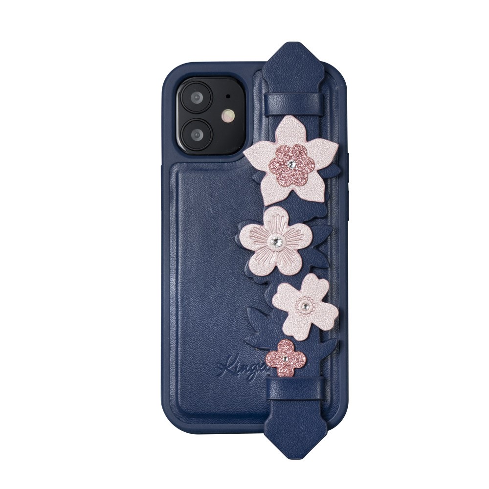 KINGXBAR Heart and Flower Decor + Authorized Swarovski Rhinestone Leather Phone Cover Case with Hand Holder Strap for iPhone 12 mini - Blue