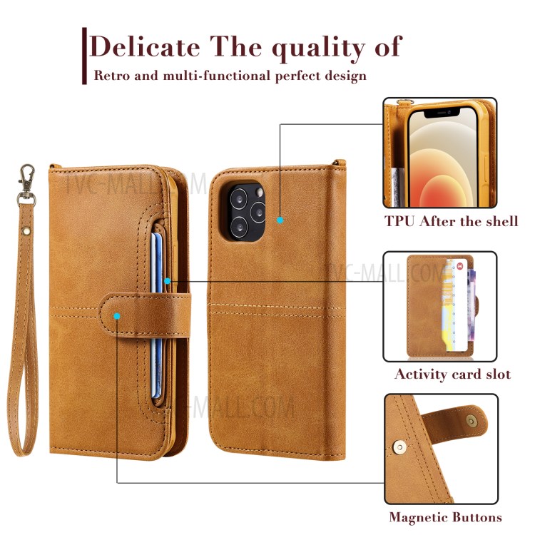 Magnetic Destacável 2-in-1 Stand Wallet Telefone Caixa Com Pulseira Para Iphone 12/12 Pro - Marrom Claro-10