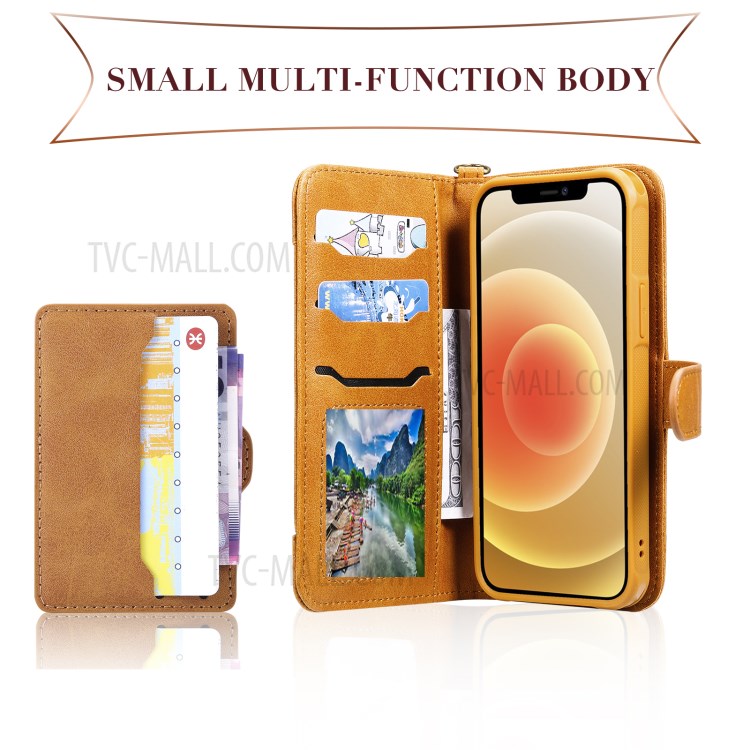 Magnetic Destacável 2-in-1 Stand Wallet Telefone Caixa Com Pulseira Para Iphone 12/12 Pro - Marrom Claro-11