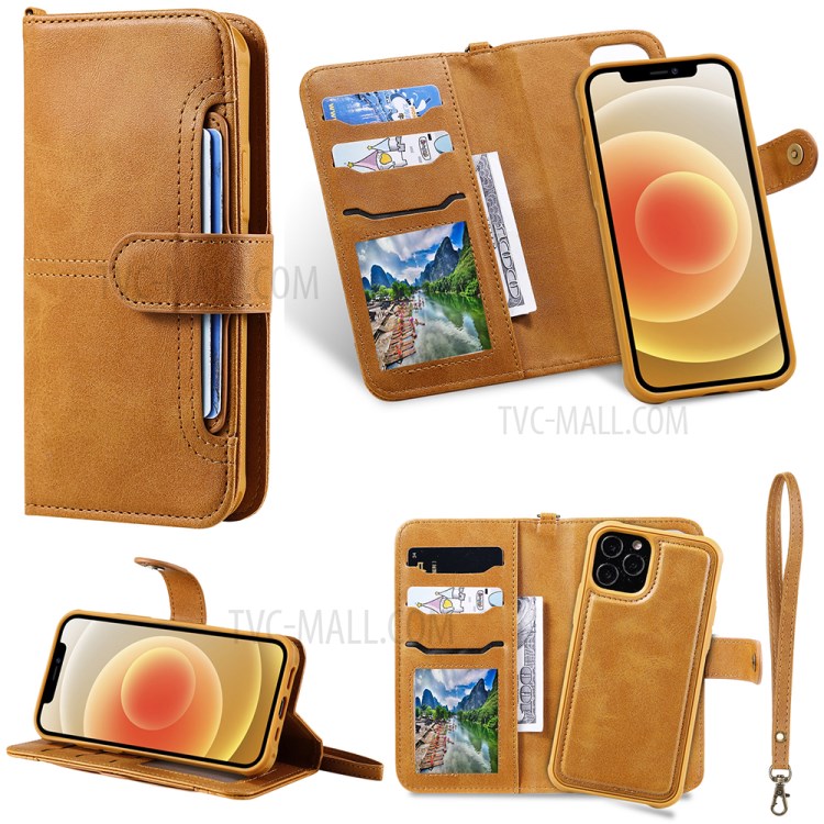 Magnetic Destacável 2-in-1 Stand Wallet Telefone Caixa Com Pulseira Para Iphone 12/12 Pro - Marrom Claro-2