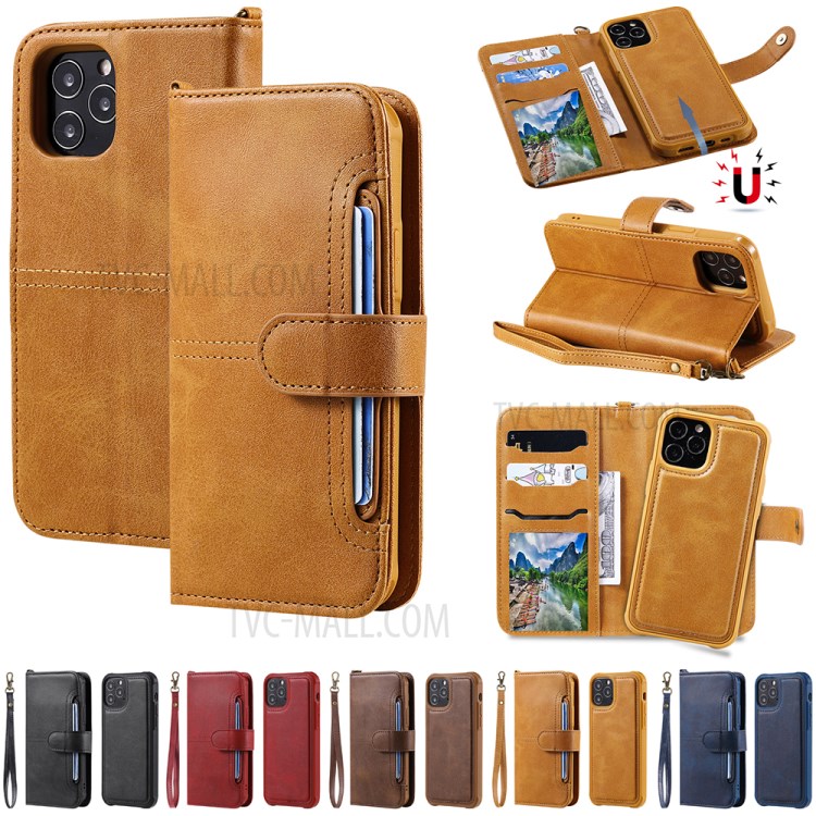 Magnetic Destacável 2-in-1 Stand Wallet Telefone Caixa Com Pulseira Para Iphone 12/12 Pro - Marrom Claro-25