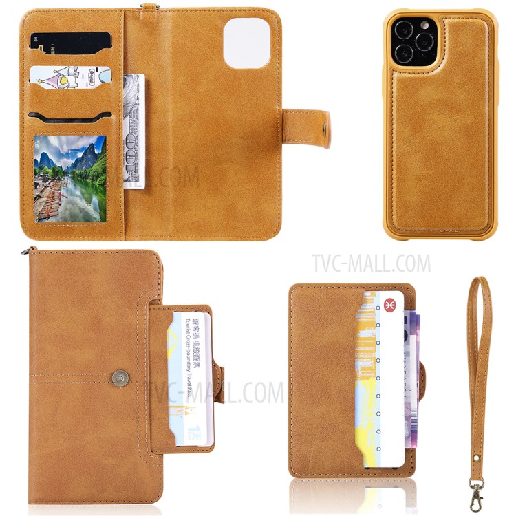 Magnetic Destacável 2-in-1 Stand Wallet Telefone Caixa Com Pulseira Para Iphone 12/12 Pro - Marrom Claro-4