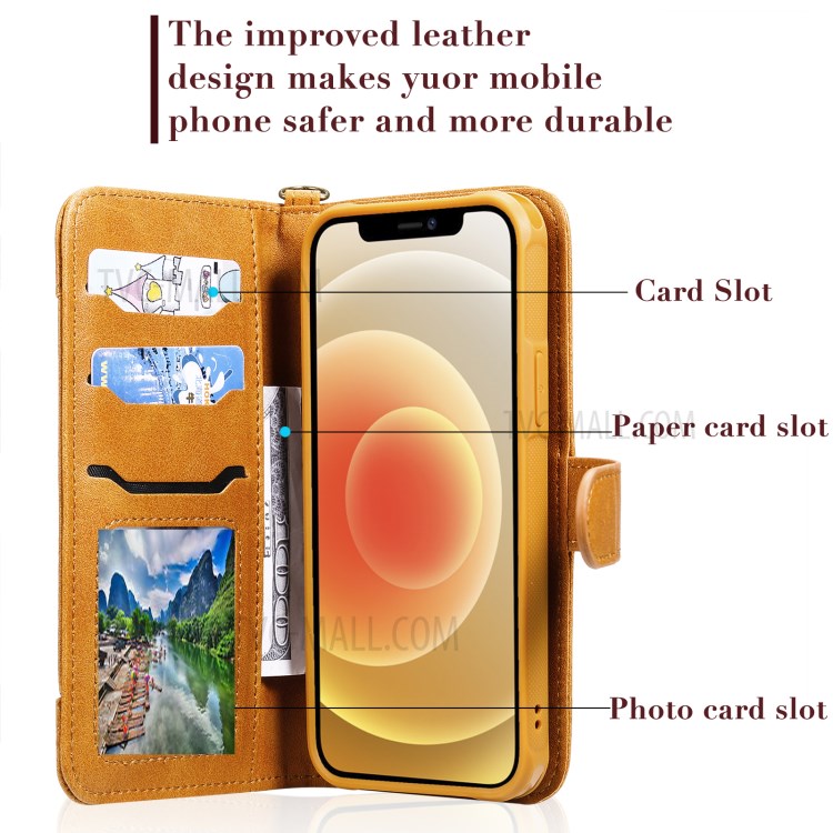 Magnetic Destacável 2-in-1 Stand Wallet Telefone Caixa Com Pulseira Para Iphone 12/12 Pro - Marrom Claro-5