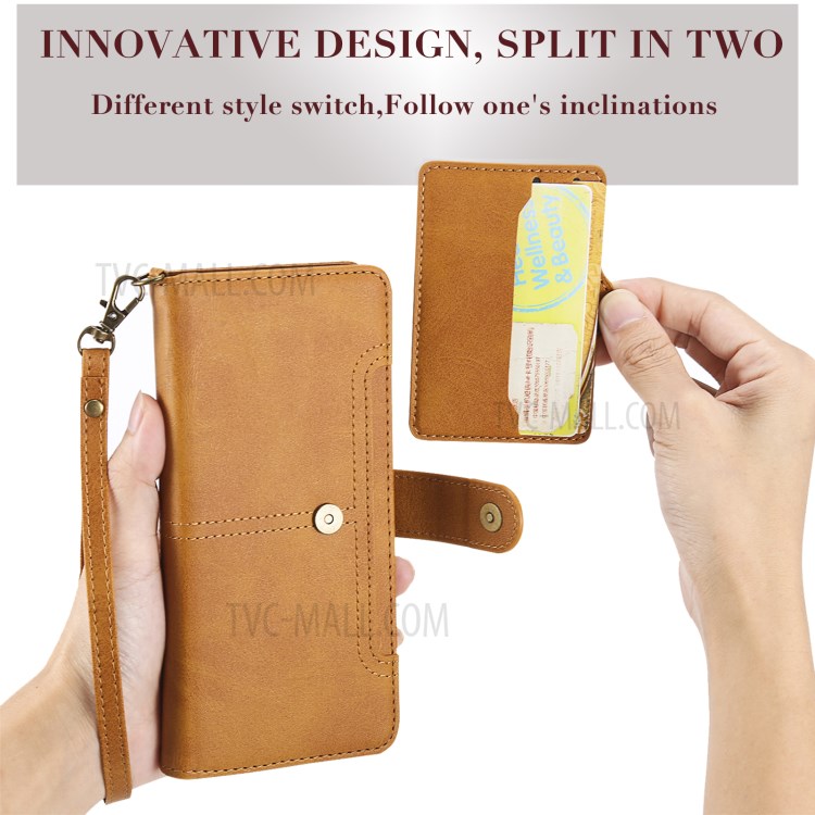 Magnetic Destacável 2-in-1 Stand Wallet Telefone Caixa Com Pulseira Para Iphone 12/12 Pro - Marrom Claro-6
