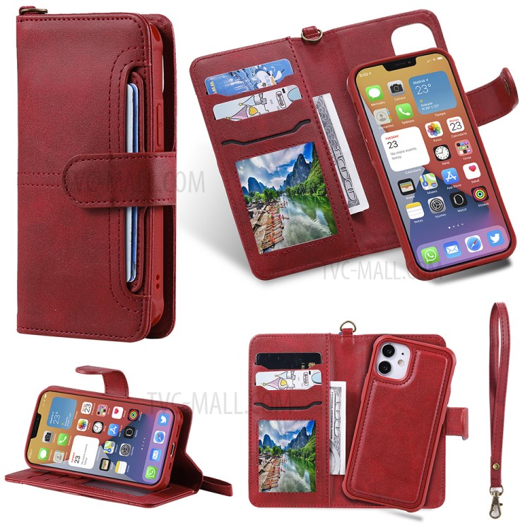 Caso De Carteira De Suporte De Telefone Magnético 2-in-1 Para IPhone 12 Mini - Vermelho-10