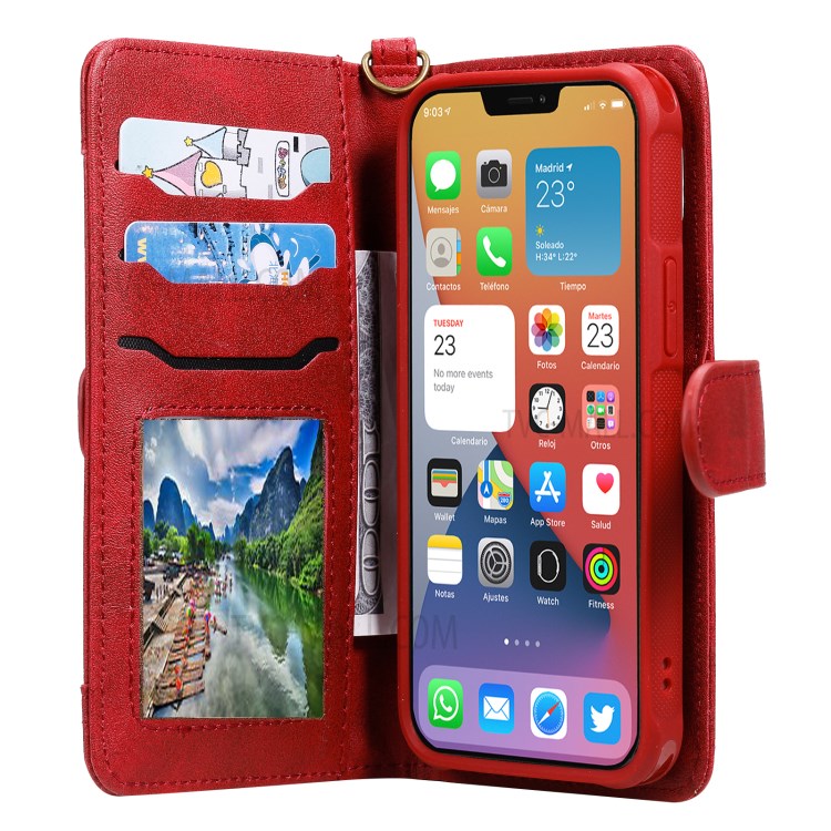 Caso De Carteira De Suporte De Telefone Magnético 2-in-1 Para IPhone 12 Mini - Vermelho-11