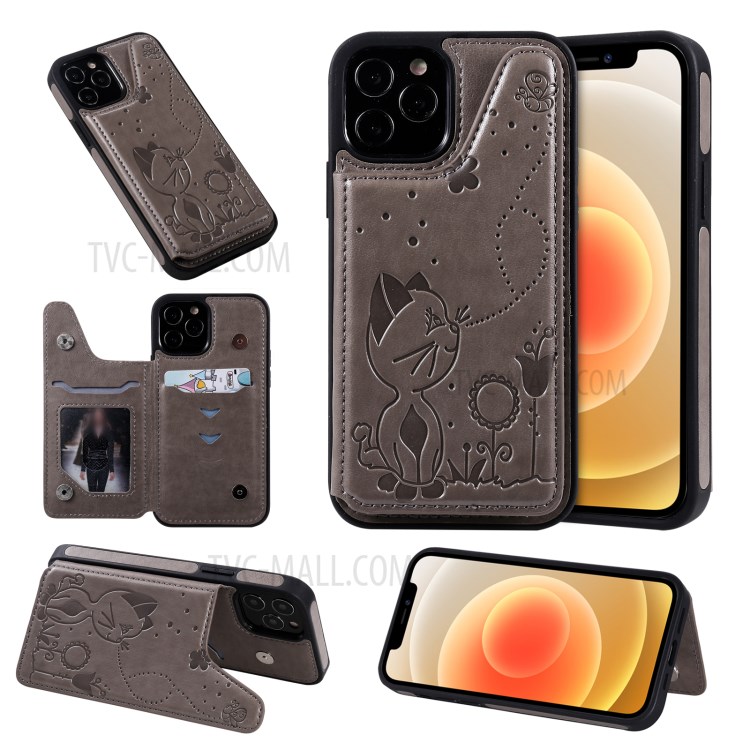 Cat and Bee Pattern Imprint Leather Coated TPU for iPhone 12/12 Pro Card Holder Case - Grey-1