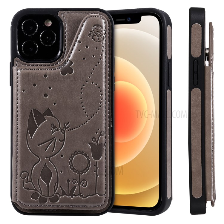 Cat and Bee Pattern Imprint Leather Coated TPU for iPhone 12/12 Pro Card Holder Case - Grey-2
