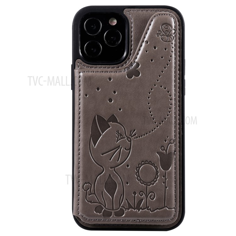 Cat and Bee Pattern Imprint Leather Coated TPU for iPhone 12/12 Pro Card Holder Case - Grey-3