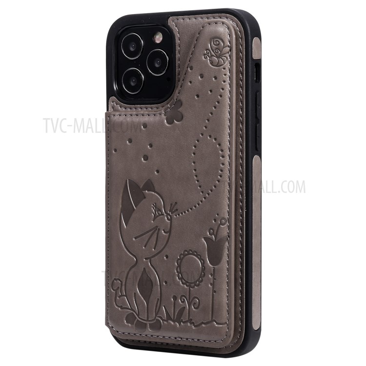 Cat and Bee Pattern Imprint Leather Coated TPU for iPhone 12/12 Pro Card Holder Case - Grey-4