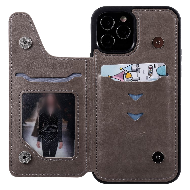 Cat and Bee Pattern Imprint Leather Coated TPU for iPhone 12/12 Pro Card Holder Case - Grey-6