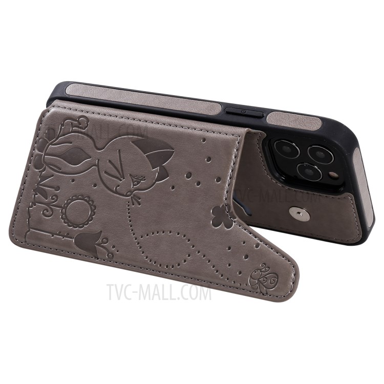 Cat and Bee Pattern Imprint Leather Coated TPU for iPhone 12/12 Pro Card Holder Case - Grey-8