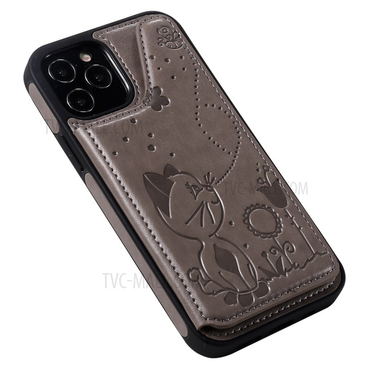 Cat and Bee Pattern Imprint Leather Coated TPU for iPhone 12/12 Pro Card Holder Case - Grey-9