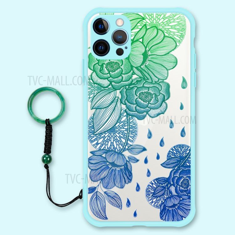 Embossed Pattern Glossy Anti-drop for iPhone 12 Pro PC + TPU Hybrid Case - Cyan/Blue Flower-1