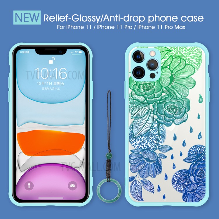 Embossed Pattern Glossy Anti-drop for iPhone 12 Pro PC + TPU Hybrid Case - Cyan/Blue Flower-2
