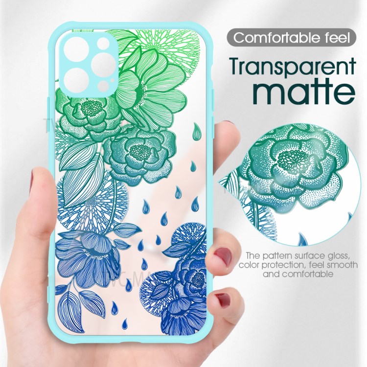 Embossed Pattern Glossy Anti-drop for iPhone 12 Pro PC + TPU Hybrid Case - Cyan/Blue Flower-3