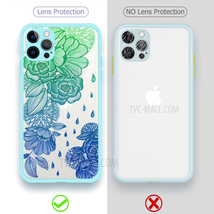 Embossed Pattern Glossy Anti-drop for iPhone 12 Pro PC + TPU Hybrid Case - Cyan/Blue Flower-5