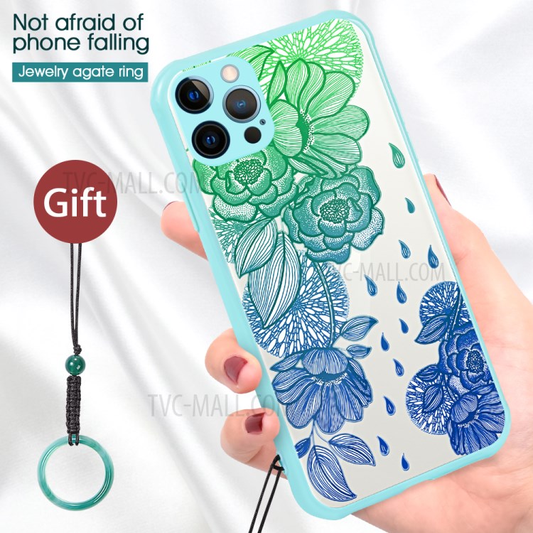 Embossed Pattern Glossy Anti-drop for iPhone 12 Pro PC + TPU Hybrid Case - Cyan/Blue Flower-6