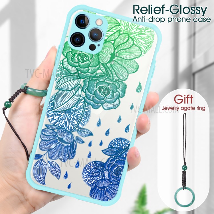 Embossed Pattern Glossy Anti-drop for iPhone 12 Pro PC + TPU Hybrid Case - Cyan/Blue Flower-7