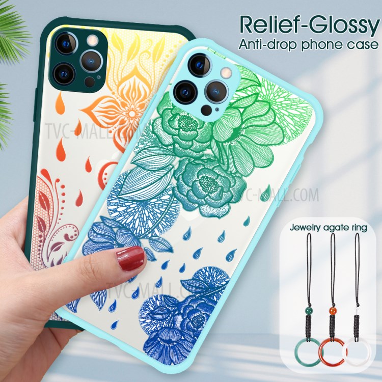 Embossed Pattern Glossy Anti-drop for iPhone 12 Pro PC + TPU Hybrid Case - Cyan/Blue Flower-8