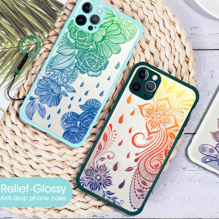 Embossed Pattern Glossy Anti-drop for iPhone 12 Pro PC + TPU Hybrid Case - Cyan/Blue Flower-9