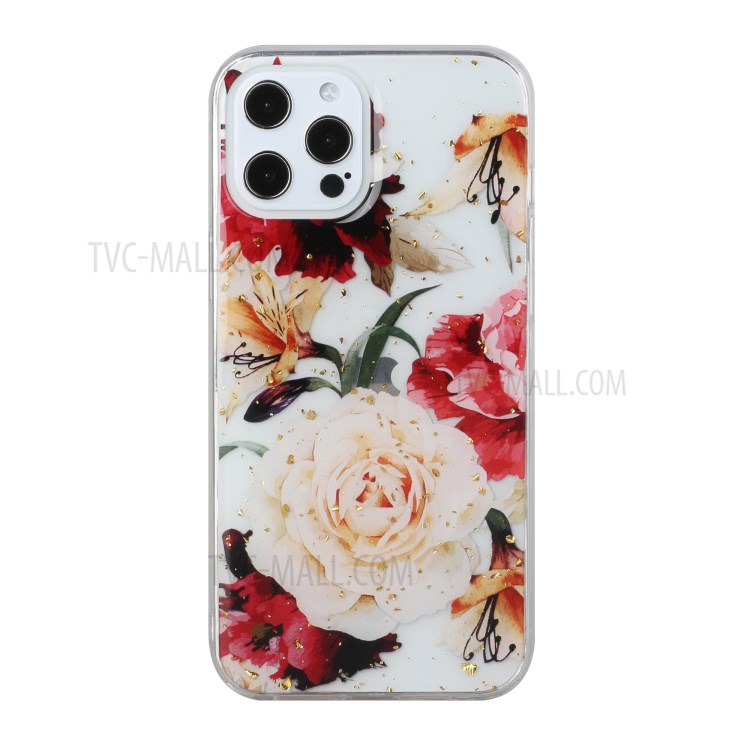 Glitter Sequins Drop Rubber Inlaid Pattern Painting Soft TPU Case for iPhone 12/12 Pro - White Flower-1