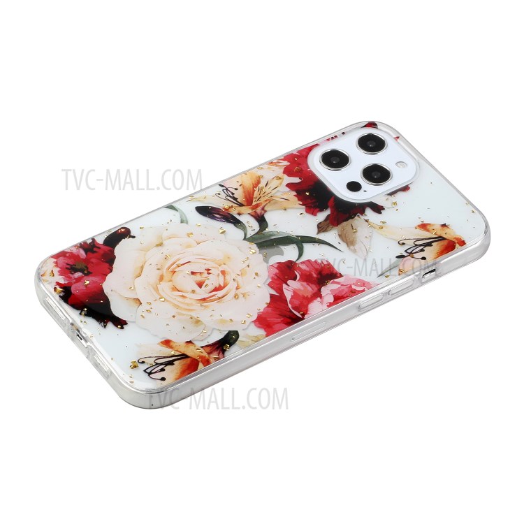 Glitter Sequins Drop Rubber Inlaid Pattern Painting Soft TPU Case for iPhone 12/12 Pro - White Flower-2