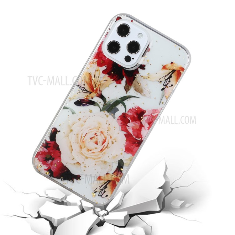 Glitter Sequins Drop Rubber Inlaid Pattern Painting Soft TPU Case for iPhone 12/12 Pro - White Flower-4