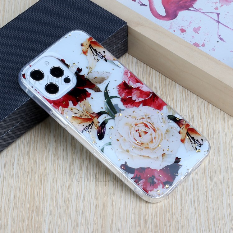 Glitter Sequins Drop Rubber Inlaid Pattern Painting Soft TPU Case for iPhone 12/12 Pro - White Flower-5