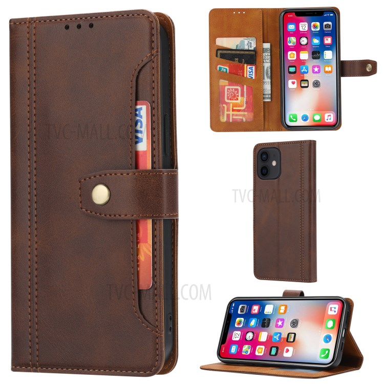 Leather Wallet Stand Phone Shell with Supporting Stand for iPhone 12 Mini - Brown-1