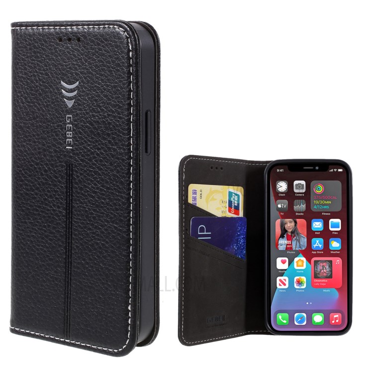 Caixa De Suporte Do Telefone Da Carteira De Couro Da Pele De Gebei Lichi Com Suporte Do Cartão Para O IPhone 12 Mini - Preto-1