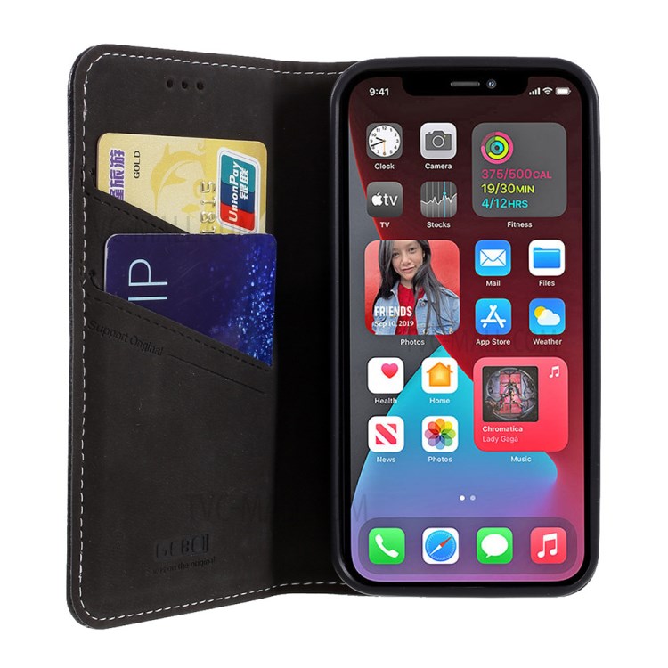Caixa De Suporte Do Telefone Da Carteira De Couro Da Pele De Gebei Lichi Com Suporte Do Cartão Para O IPhone 12 Mini - Preto-4