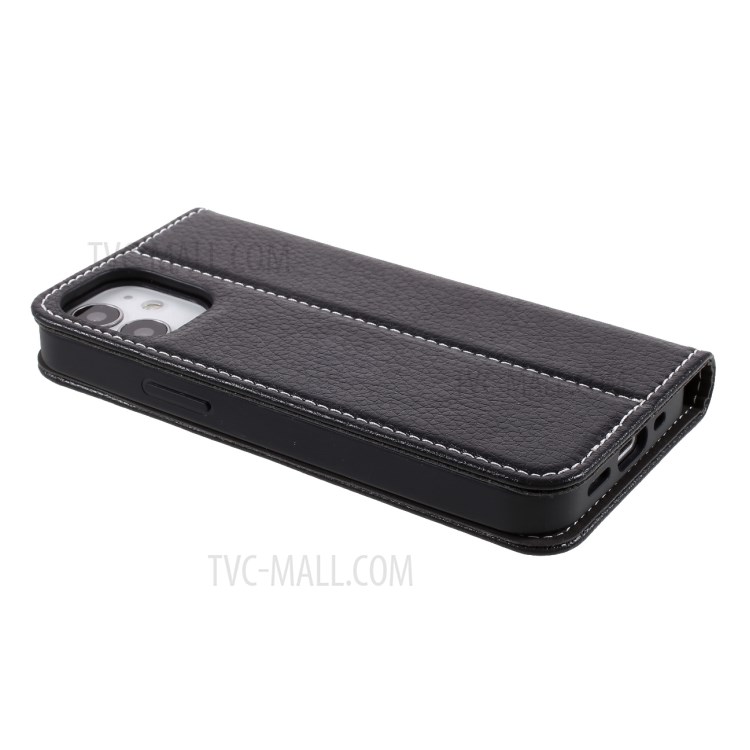 Caixa De Suporte Do Telefone Da Carteira De Couro Da Pele De Gebei Lichi Com Suporte Do Cartão Para O IPhone 12 Mini - Preto-7
